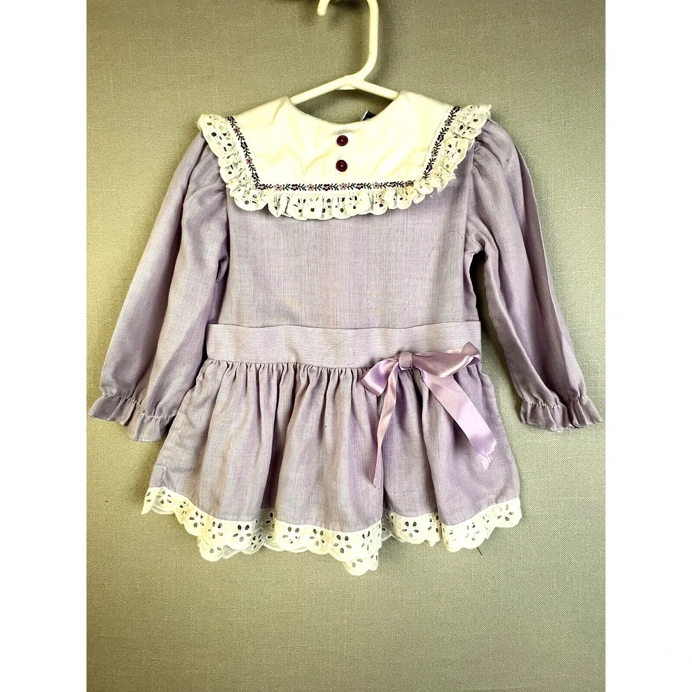 Vintage Collar Dress Girls 24 Mos. Purple Eyelet Dropped Waist 80's Party Church